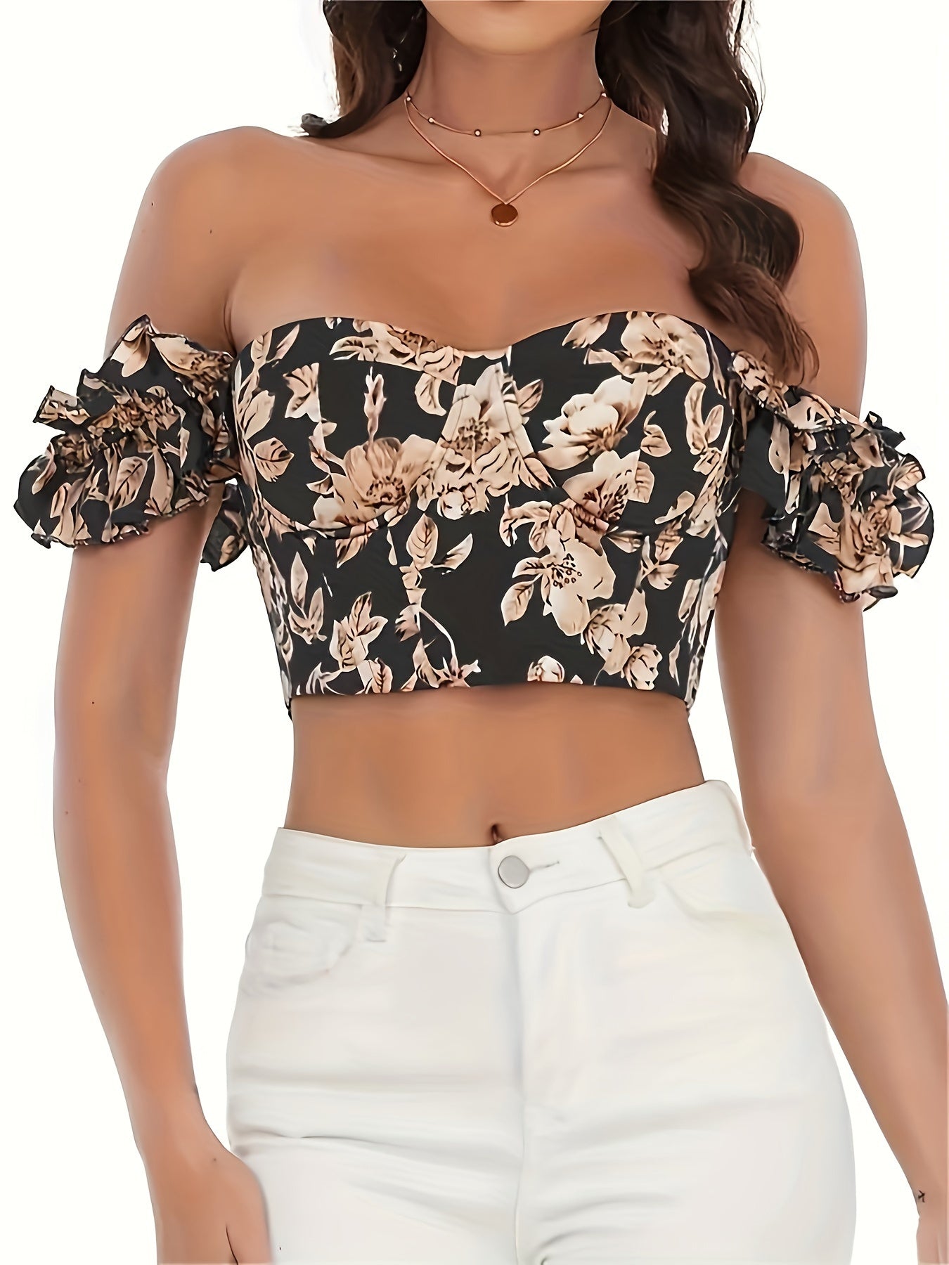 Elegant Vintage Floral Print Backless Ruffle Trim Crop Top with Built-In Bra - Machine Washable, Polyester